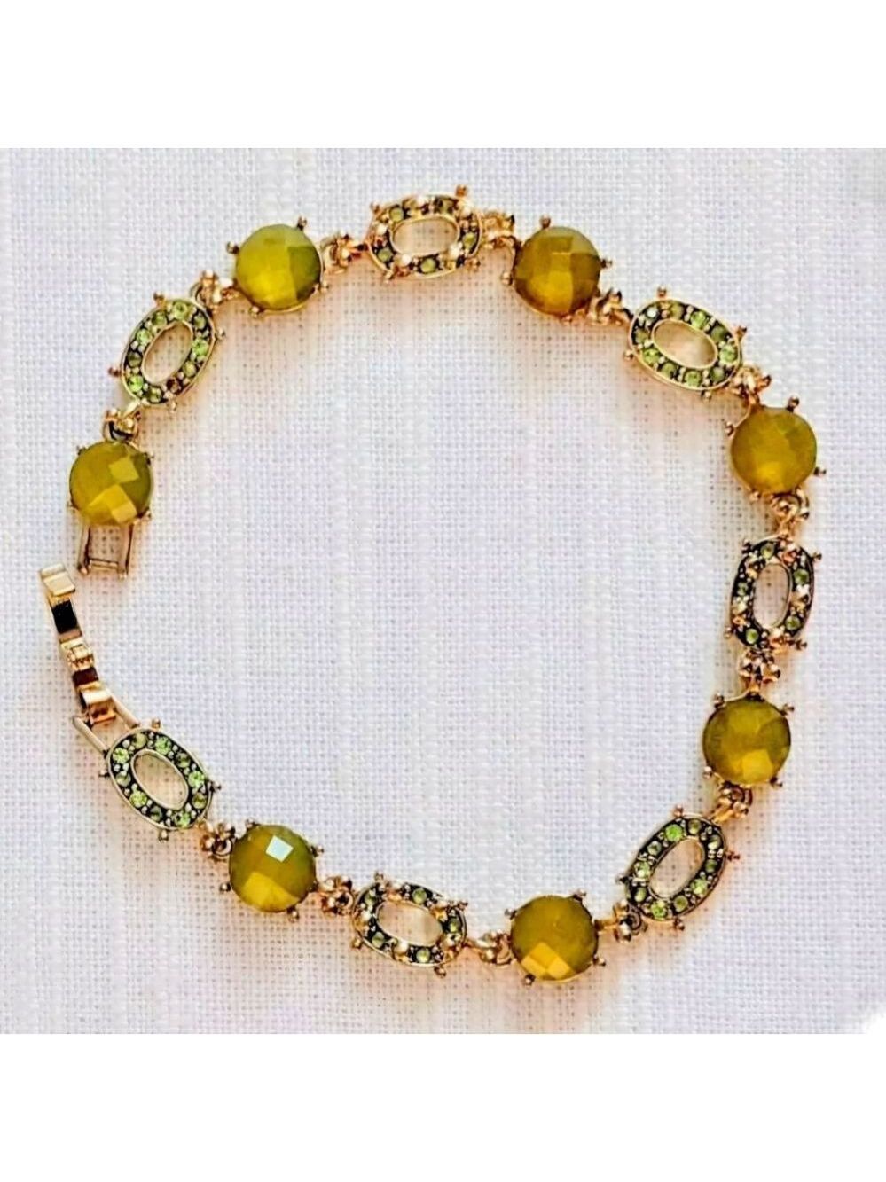 Liz Claiborne Gold Tone w/ Green Rhinestones Green Stones Bracelet 8"